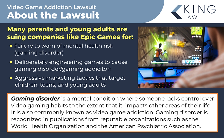 Infographic explaining gaming disorder and why parents and young adults are suing gaming companies. Image of a young man playing a game on a PC computer.