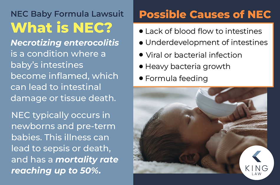 Infographic explaining what necrotizing enterocolitis is and what may cause it. Image of a newborn baby drinking from a bottle.