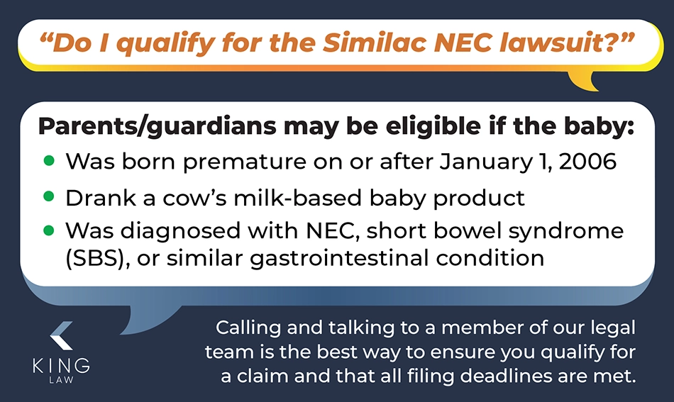 Infographic explaining who qualifies for a NEC baby formula lawsuit.