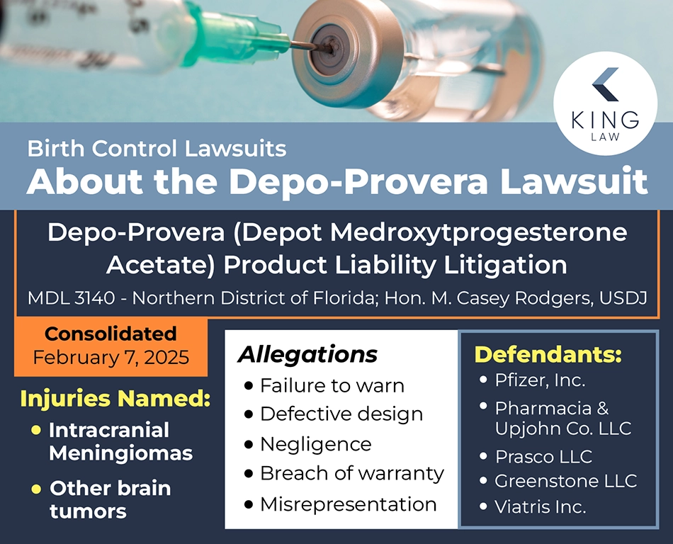 Infographic providing an overview of the Depo-Provera lawsuit. Image of a medical needle in a vaccine vial.