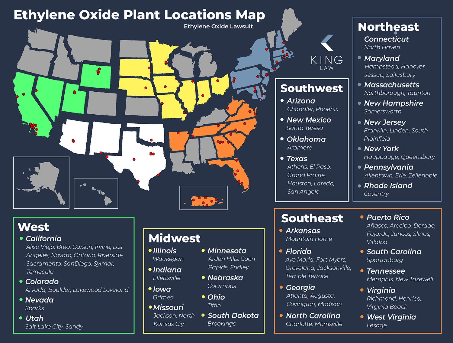 Graphic showing approximate locations of ethylene oxide plants across the United States of America and Puerto Rico.
