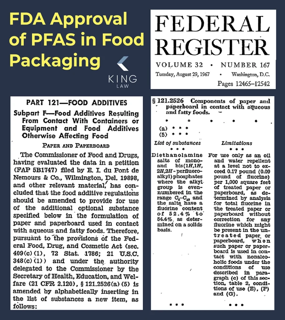 Image showing excerpts from the Federal Register when some PFAS chemicals were approved for use in food packaging by the FDA.