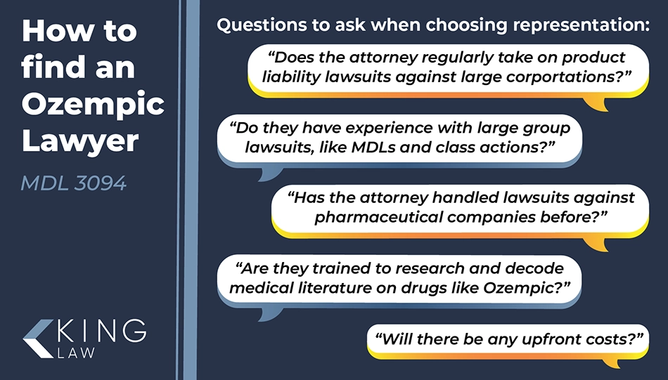 Infographic listing questions you should ask when finding an attorney for your Ozempic lawsuit.