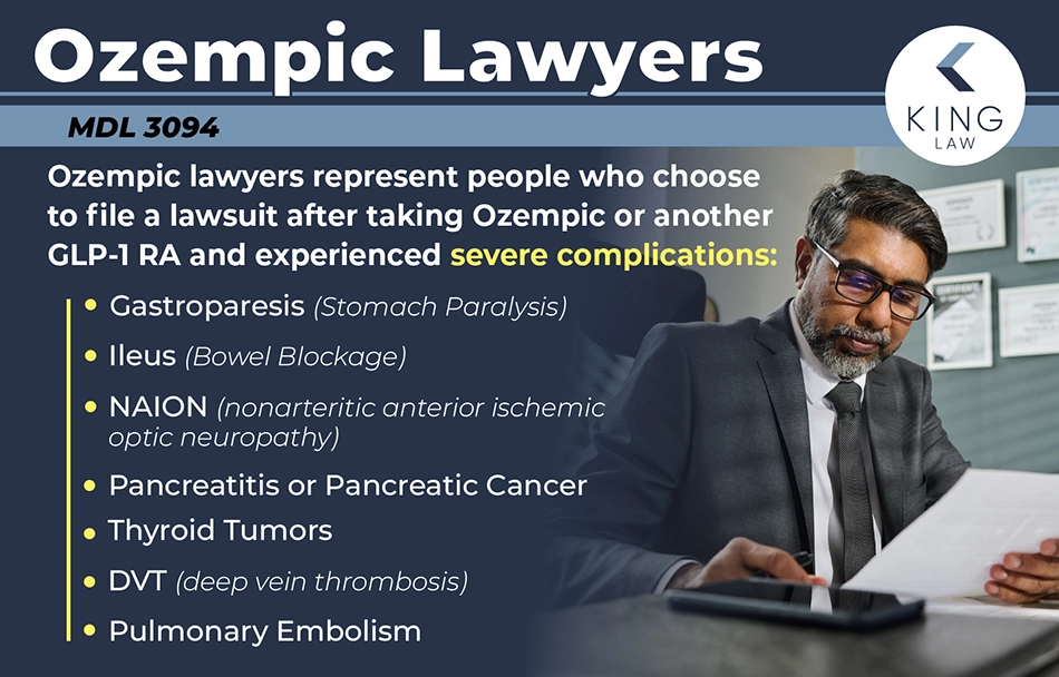 Infographic explaining what Ozempic lawyers are and what injuries Ozempic may cause. Image of an older man in a business suit looking at a paper.