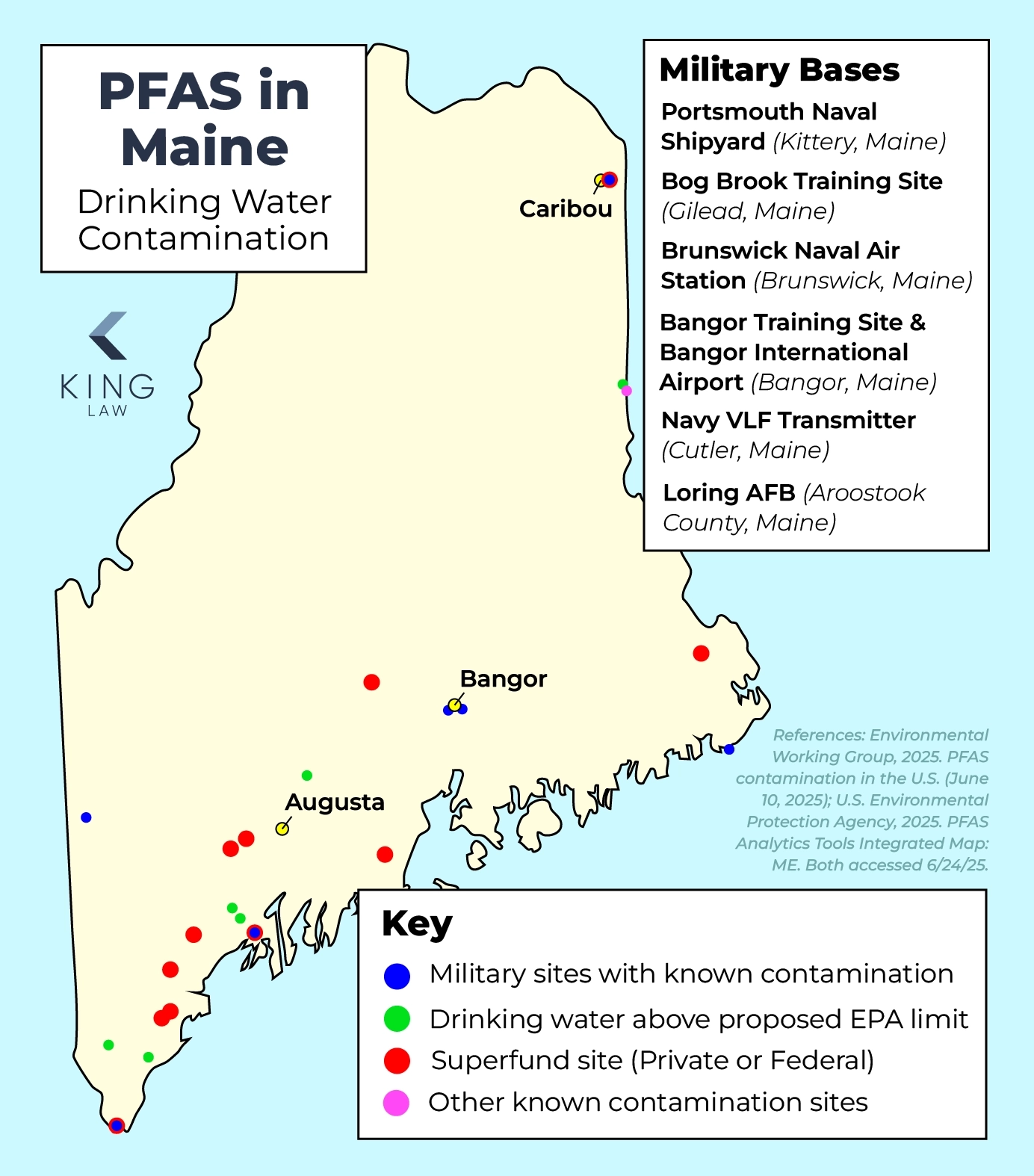 A simple map highlighting sites in Maine were high PFAS concentrations are known to be, including a list of all military sites with confirmed contamination.