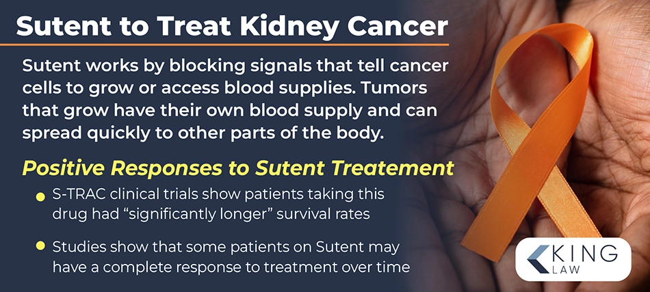 Infographic explaining how Sutent treats kidney cancer. Image of older hands holding an orange ribbon for kidney cancer.