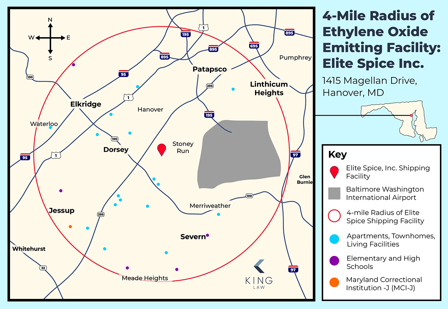 Graphic is a basic map showing the 4-mile radius around Elite Spice Inc's ethylene oxide-emitting facility in Hanover, Maryland, showing approximate locations for some residences, schools, and the Maryland Correctional Institution-J.