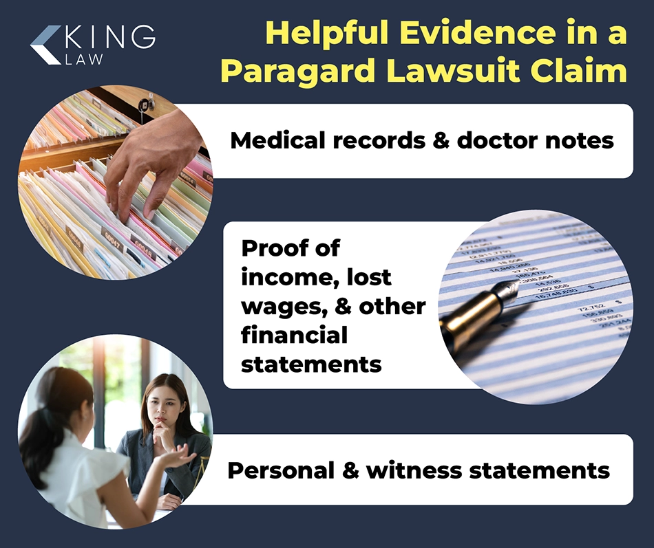 Infographic listing evidence that will help support a claim in the Paragard lawsuit.