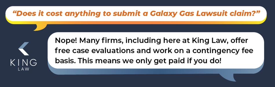 Two text bubbles. One asks "does it cost anything to submit a Galaxy Gas Lawsuit claim?" The other responds.