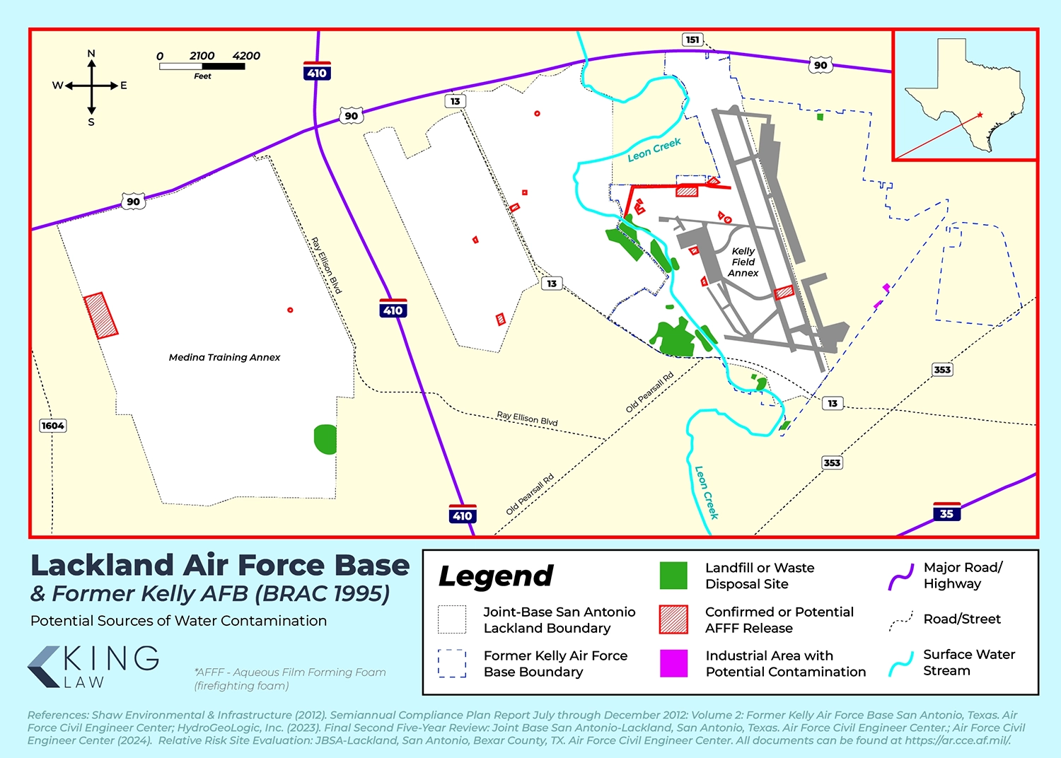 Graphic shows a map of the approximate locations of AFFF releases and landfill sites on Lackland AFB and Former Kelly AFB.
