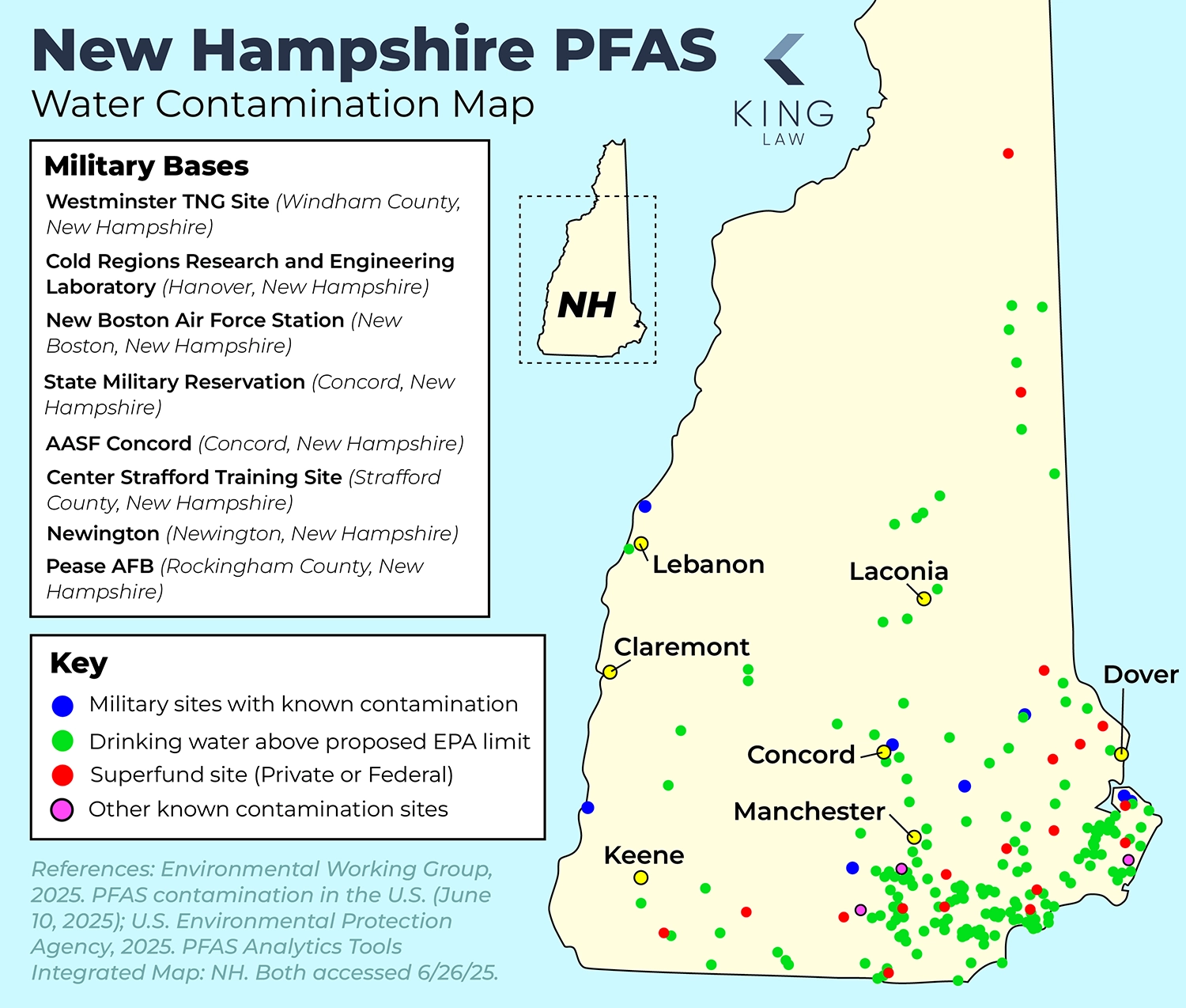 Map of known PFAS contamination sites in New Hampshire that exceed the proposed EPA advisory limit. 