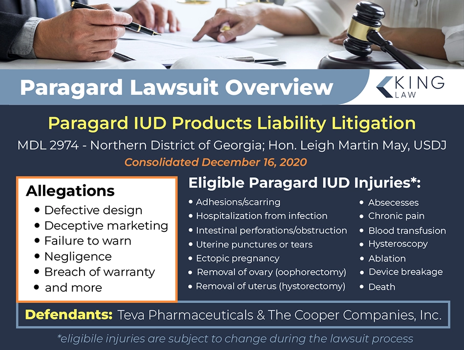 Infographic breaking down the Paragard lawsuit, including the allegations, defendants, and eligible injuries.