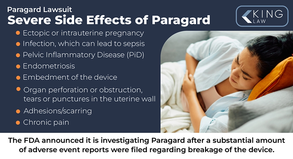 Infographic listing the severe side effects of Paragard. Image of a young woman lying on a couch with abdominal pain.