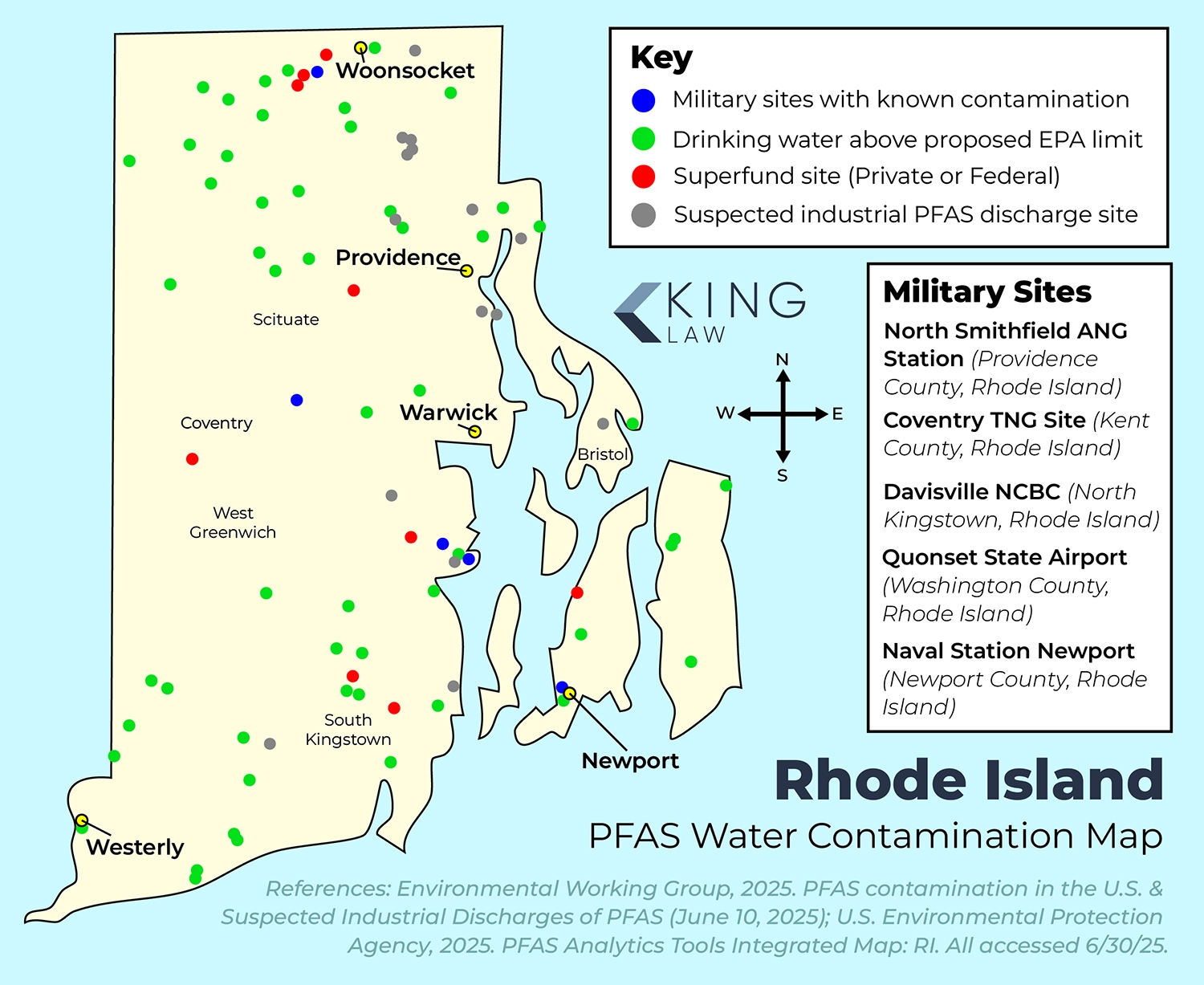 Map showing the approximate locations of sites with known contamination, superfund sites, and suspected industrial dischargers of PFAS in Rhode Island.