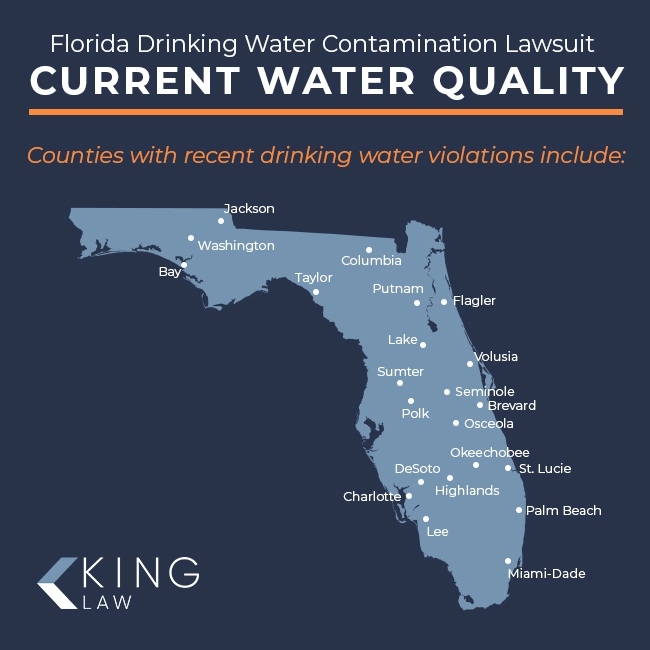 Infographic showing the counties in Florida with recent drinking water contamination violations.