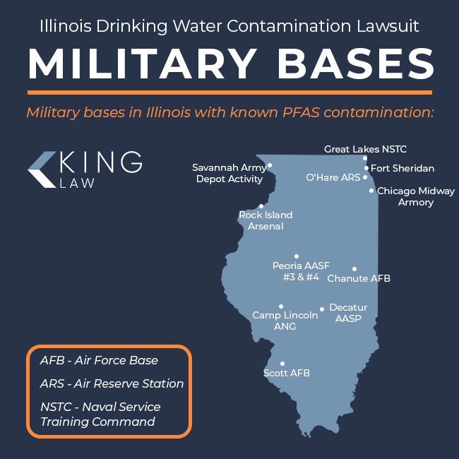 Small map highlighting military bases in Illinois that have confirmed PFAS contamination.