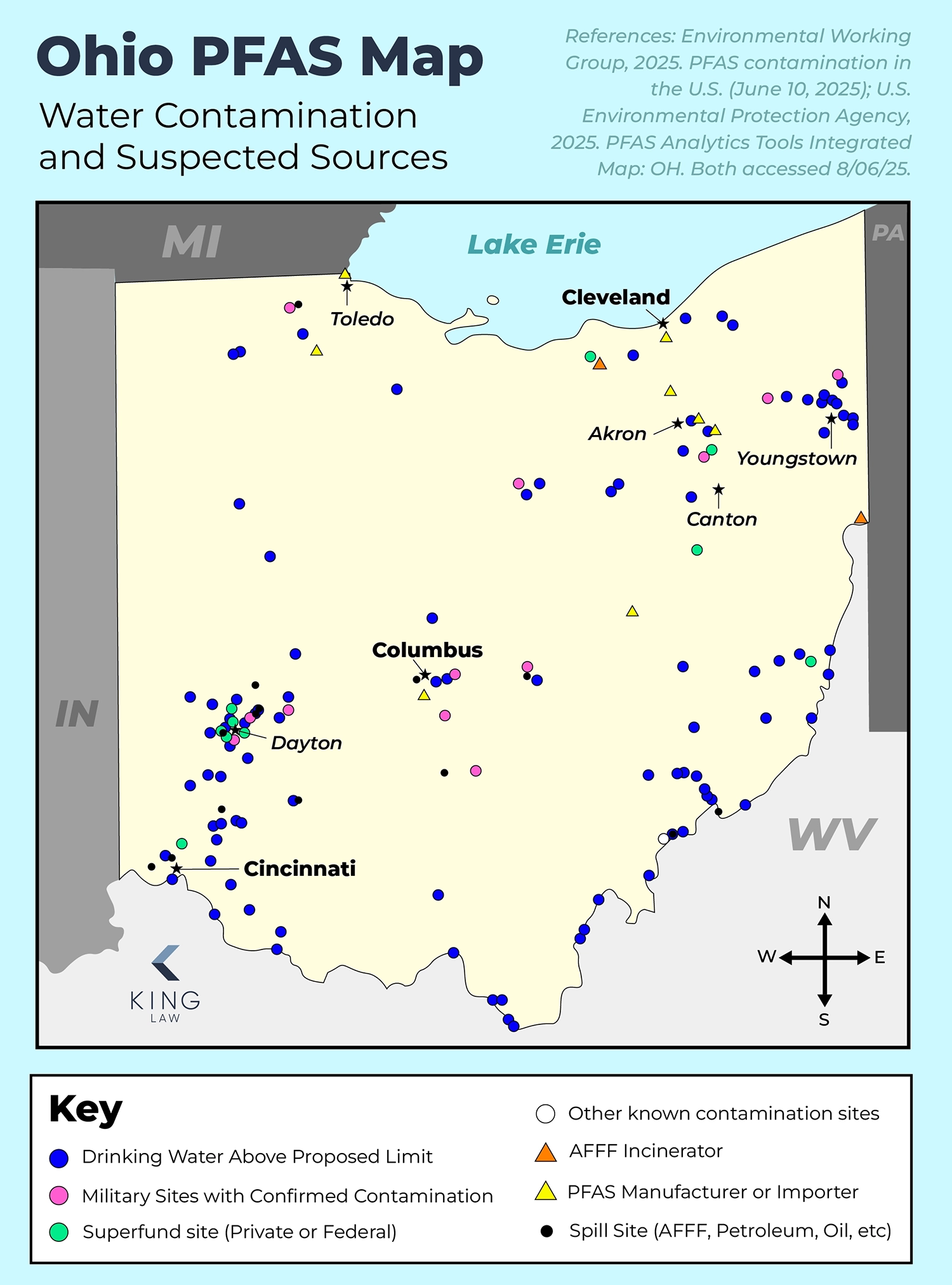 Simple map of known contamination sites above the proposed EPA PFAS limit and possible sources.