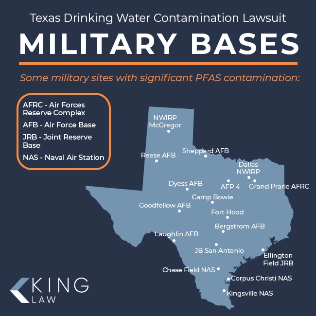 Graphic showing some of the military bases in Texas that have confirmed PFAS chemical contamination.