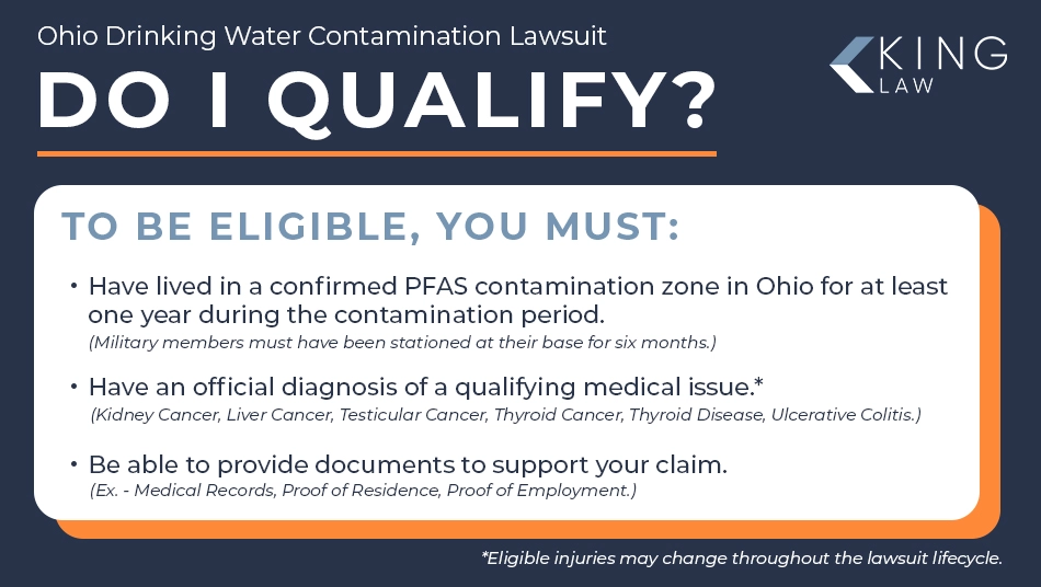 Infographic listing eligibility criteria for an Ohio drinking water contamination lawsuit.