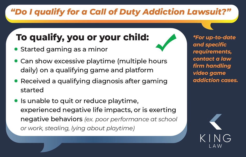 This infographic provides information on who qualifies for a video game addiction lawsuit.