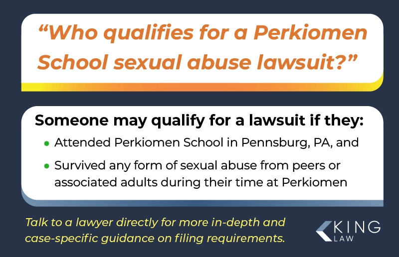 Infographic providing basic filing requirements for a Perkiomen School sexual abuse lawsuit.