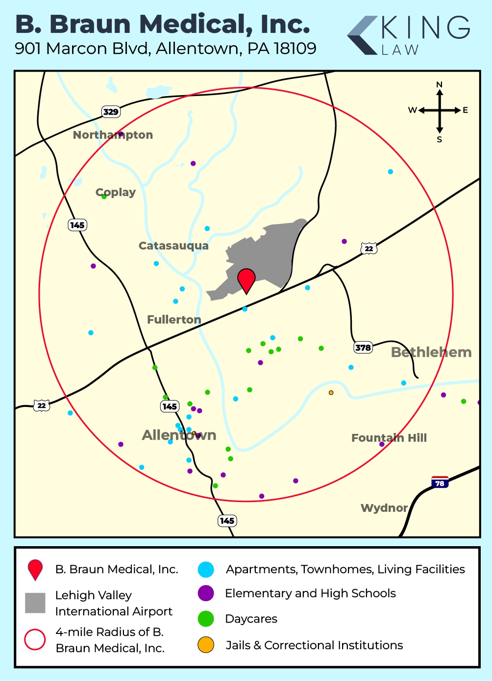 Map of the ethylene oxide exposure area from B. Braun Medical, Inc in Allentown, Pennsylvania.
