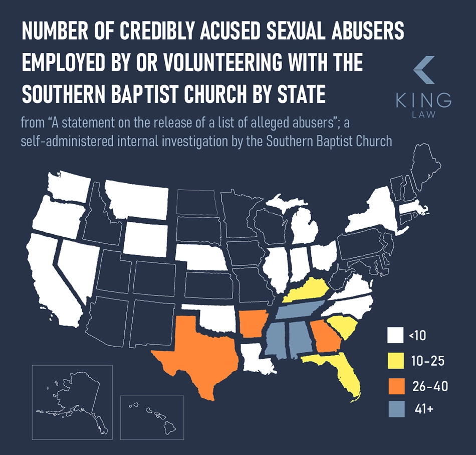 Map of the United States showing the number of employees or volunteers with the Southern Baptist Church credibly accused with sexual abuse, according to the Southern Baptist Church internal investigation.