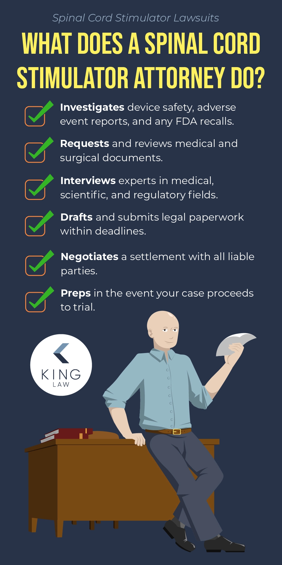 A list of roles and responsibilities an attorney takes on in a spinal cord stimulator lawsuit.