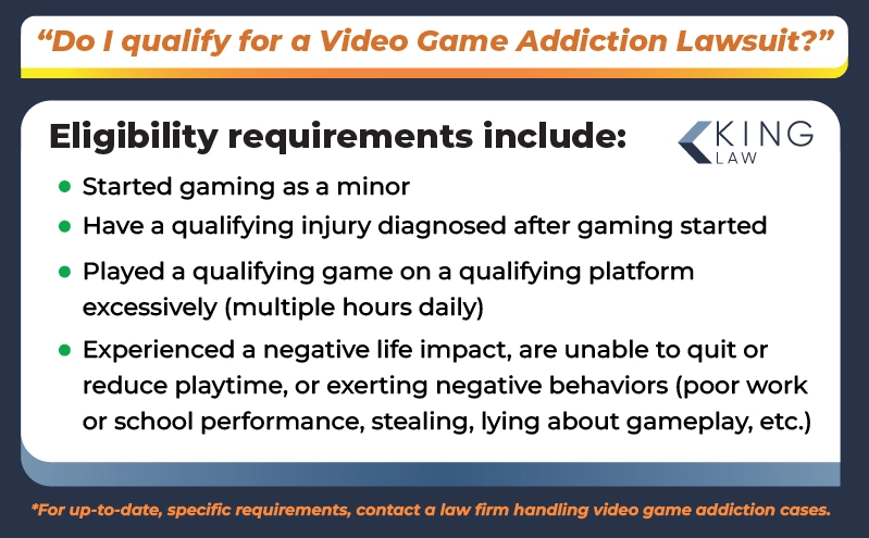 Infographic of eligibility criteria for a video game addiction lawsuit.