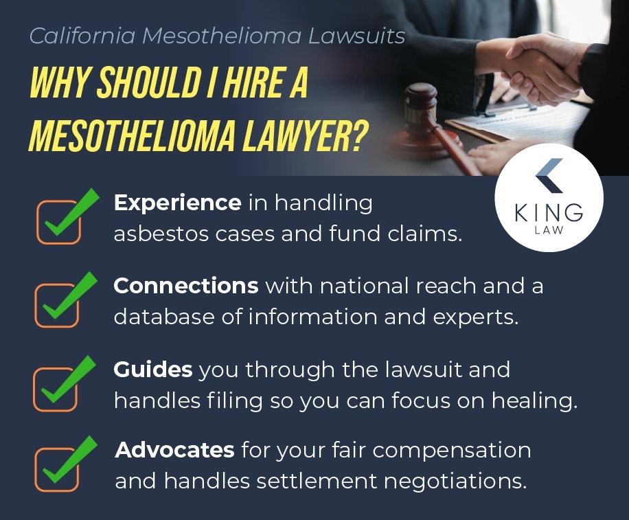 Infographic listing the reasons to get a mesothelioma lawyer.