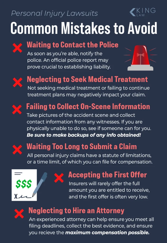 List of common mistakes people make during a personal injury lawsuit.