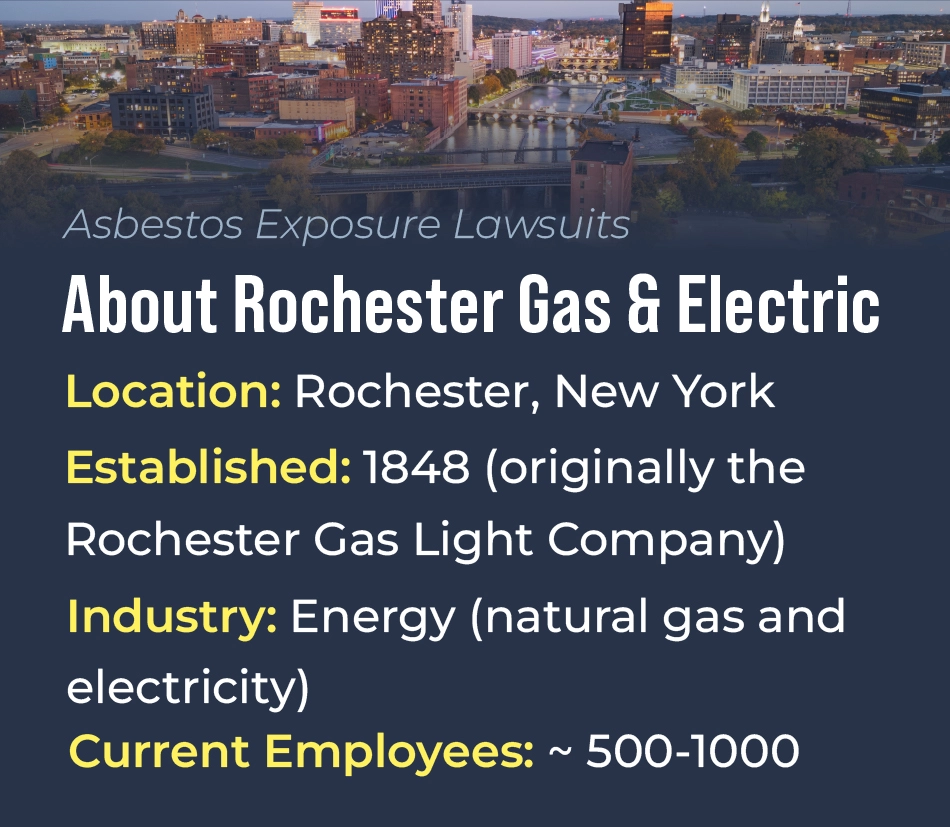 Summary of information about RG&E. Image of the Rochester city skyline at dusk.