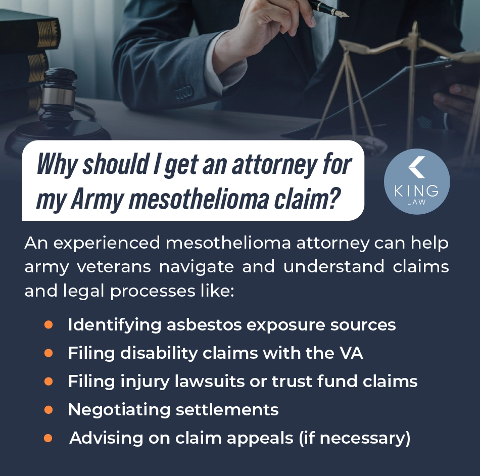 List of reasons why U.S. Army Veterans with mesothelioma should hire an attorney to help with their case.