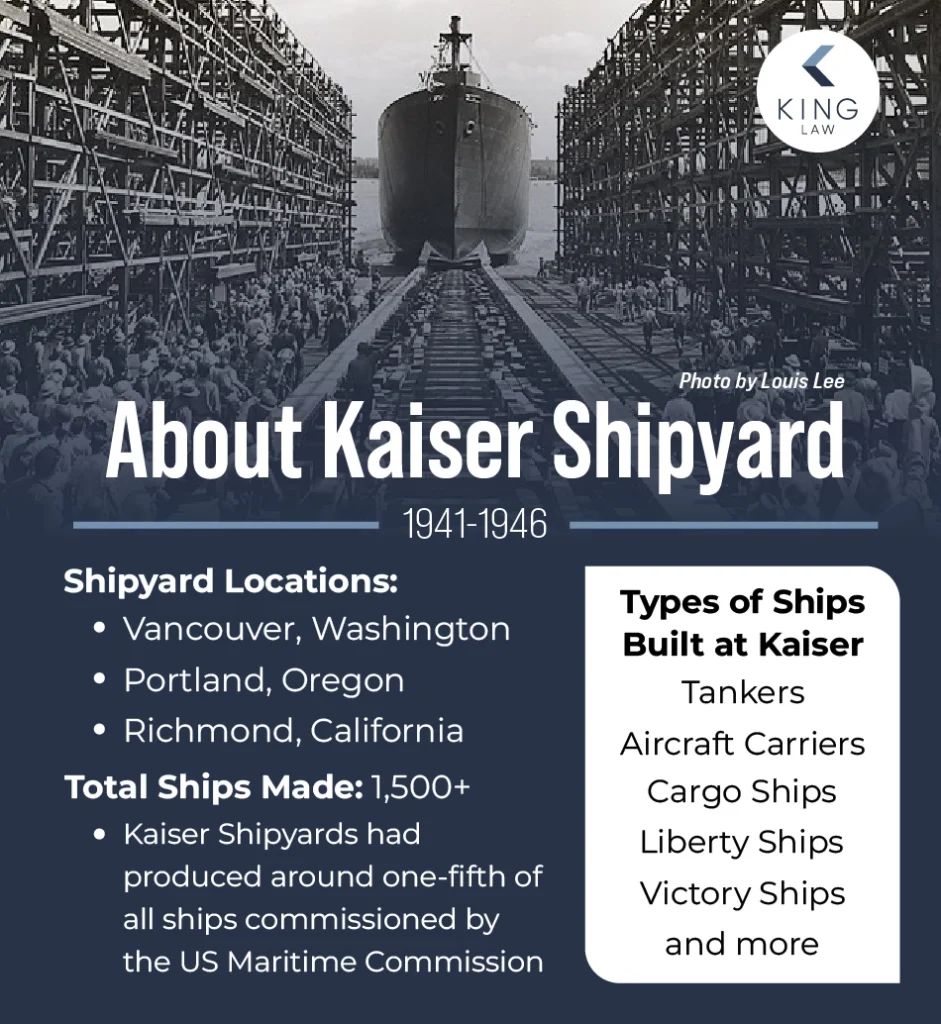 Image of a boat leaving a Kaiser Shipyard dry dock. Overview of Kaiser Shipyards and types of ships produced.