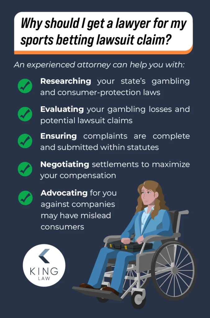 A list of reasons why someone should retain an attorney for a sports gambling losses lawsuit. Graphic of a lawyer who uses a wheelchair.