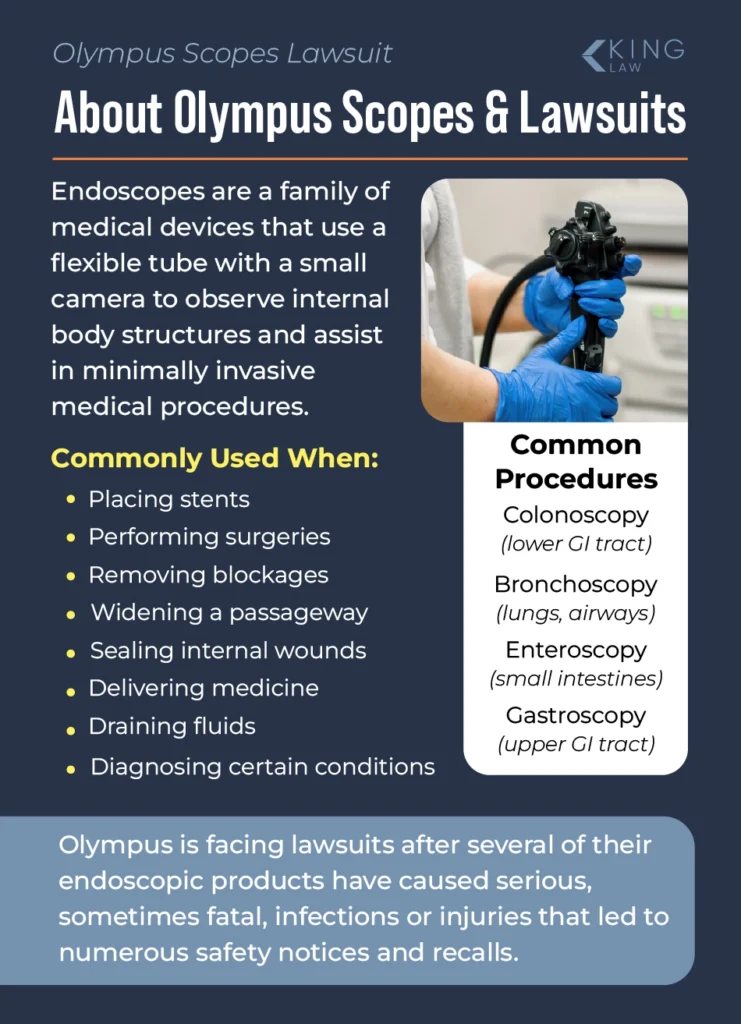 Overview of endoscopes and when they are used. Note on why Olympus is being sued for their endoscopes.