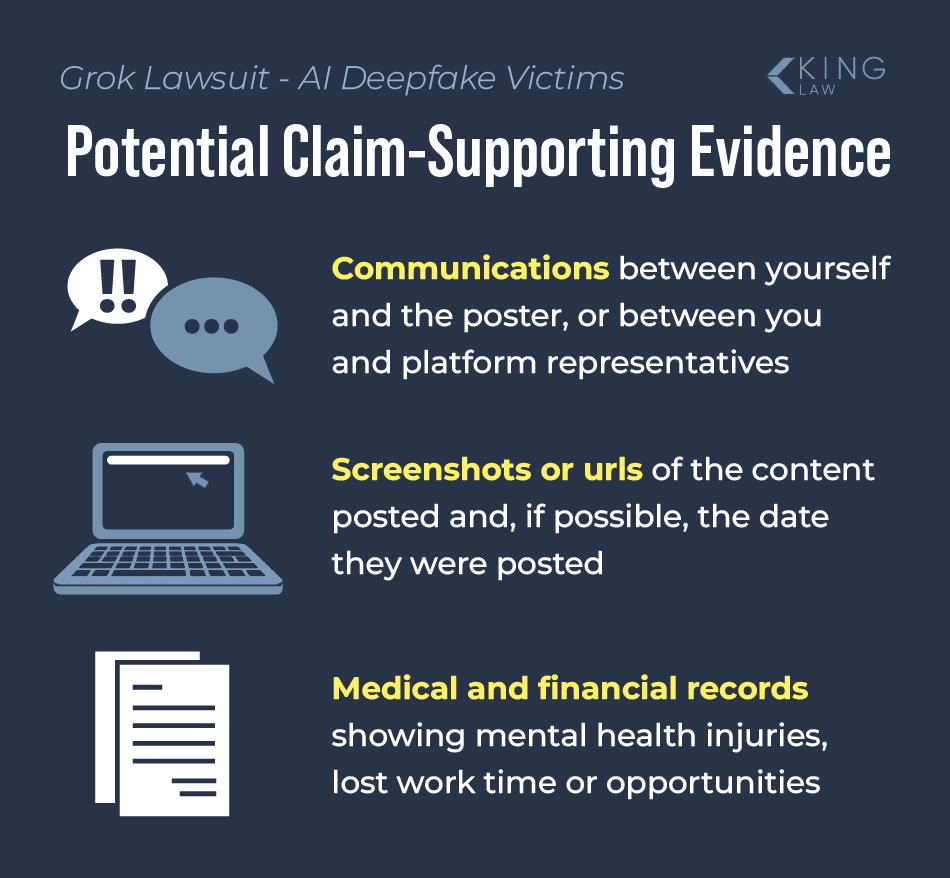 Examples of evidence that may be used to support a Grok AI deepfake lawsuit claim.
