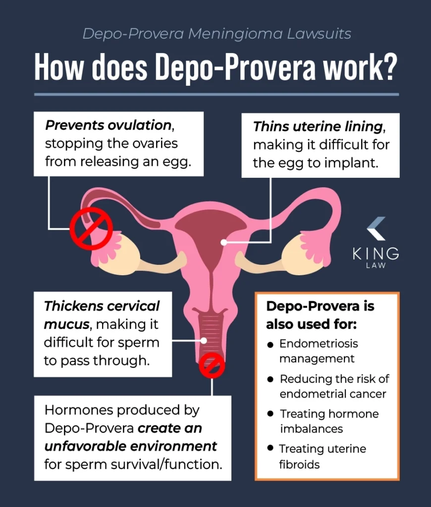 This infographic describes the four ways Depo-Provera works and what these mechanisms are useful for. Graphic of a uterus.