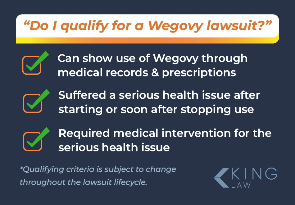 Infographic listing the eligibility criteria for a Wegovy lawsuit.