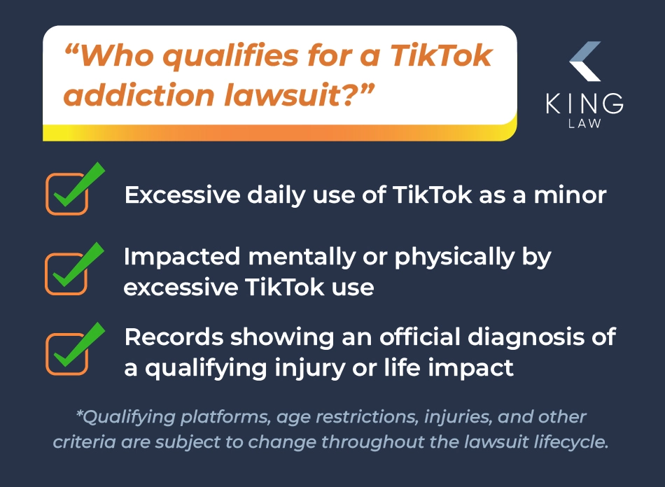 Checklist of eligibility criteria in the TikTok mental health addiction lawsuit.