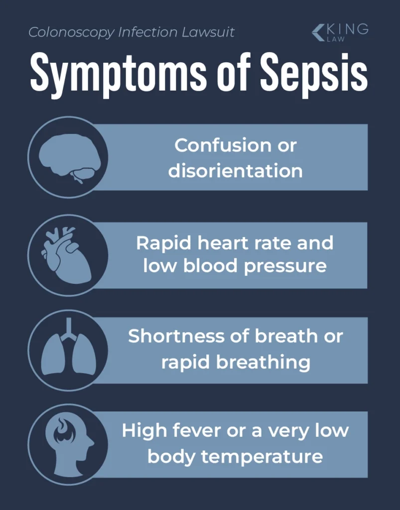 List of symptoms specific to sepsis with related icons.