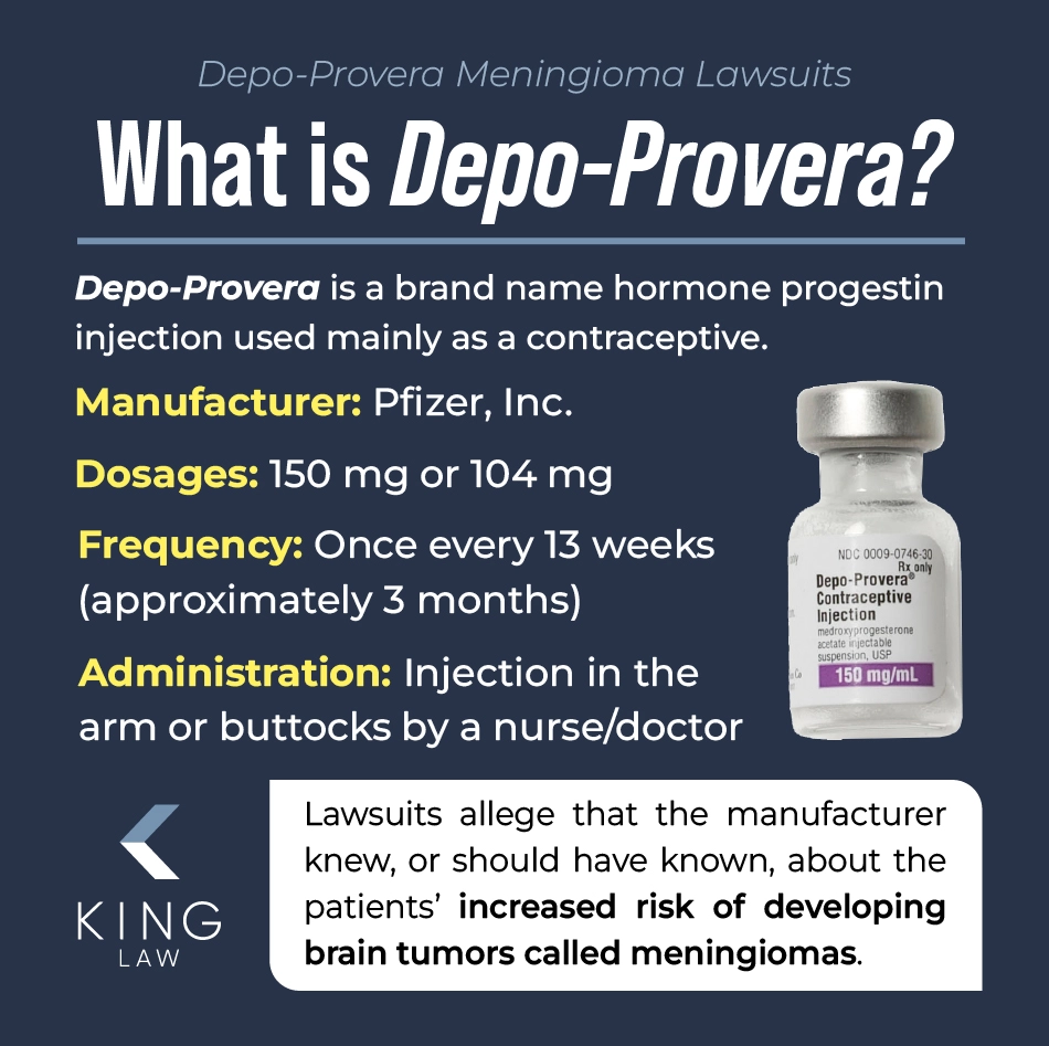 This infographic briefly describes the use of Depo-Provera, the manufacturer, dose amounts, frequency of doses, and administration areas. There is a note on what current lawsuits allege. Image of a Depo-Provera bottle. 