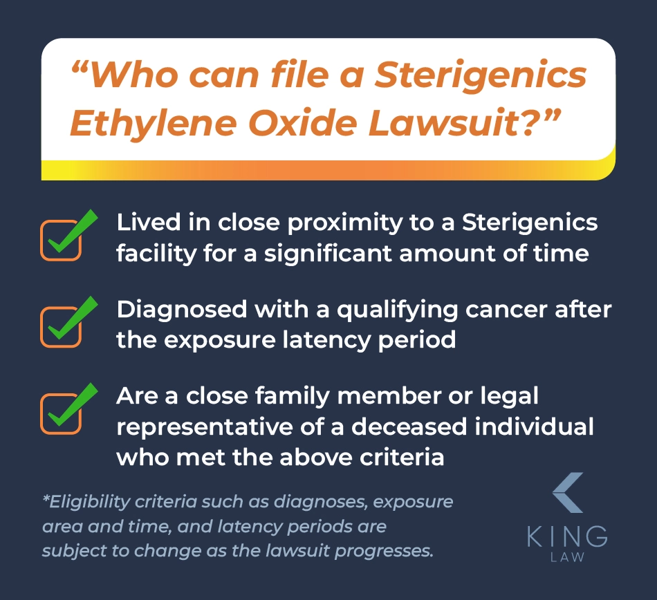 Checklist of qualifications for an Sterigenics EtO lawsuit.