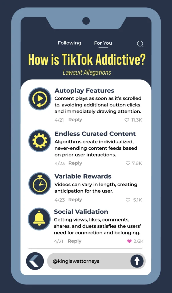 Infographic that looks like a cell phone briefly explaining design features on TikTok that could potentially cause addiciton in young audiences.