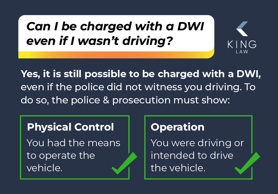 Question bubble asking "can I be charged with a DWI even if I wasn't driving?" with the answer written below.