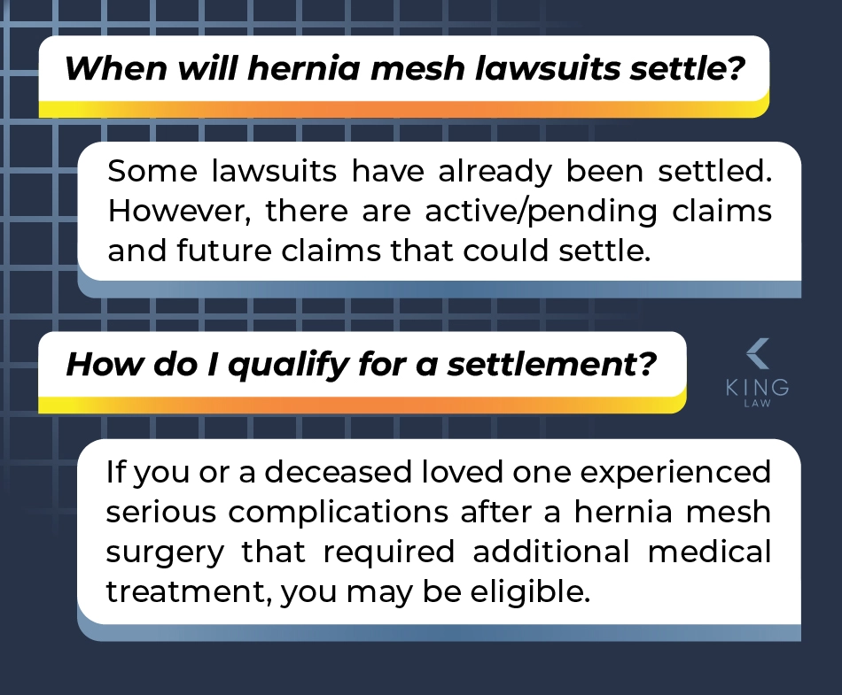 Frequently asked questions about hernia mesh settlements and who qualifies.