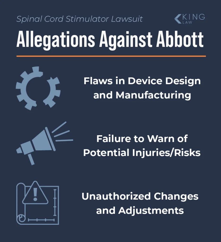 List of allegations against Abbott Laboratories in the spinal cord stimulator lawsuit.