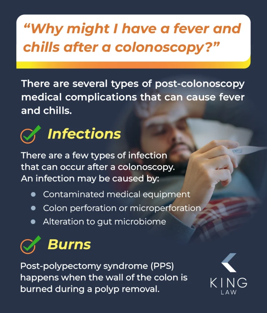 Question bubble asks "Why might I have a fever and chills after a colonoscopy?" with an answer written below. Image of a man lying in bed with a thermometer.