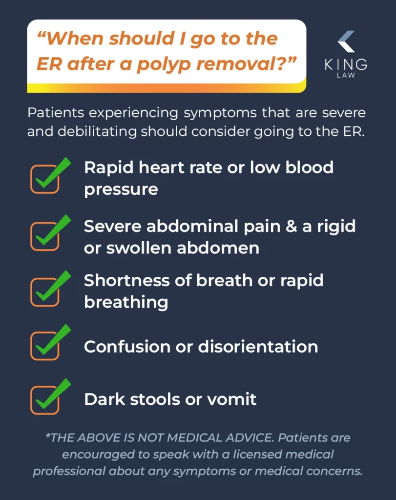 Speech bubble asking "When should I go to the ER after a polyp removal?" and below answering the question with a list of potentially serious symptoms.