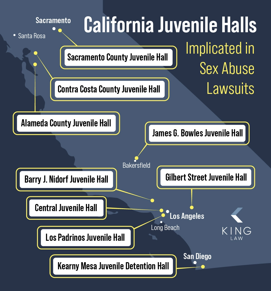 List of juvenile halls in California that are implicated in sex abuse lawsuits and their approximate location on a California map.